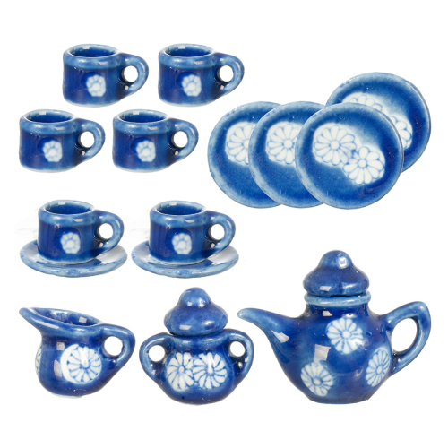 (image for) 17pc Royal Blue Floral Tea Set