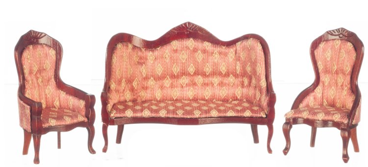 (image for) Print Upholstered Victorian Living Room Set - Mahogany - 3pc