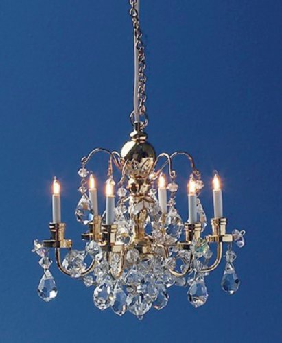 Miniature Battery Operated 6-Arm Brass and Crystal Chandelier [SUT