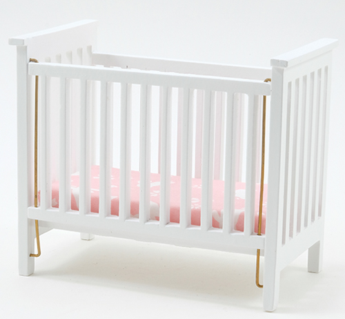 Slatted Nursery Crib - White - Pink Fabric