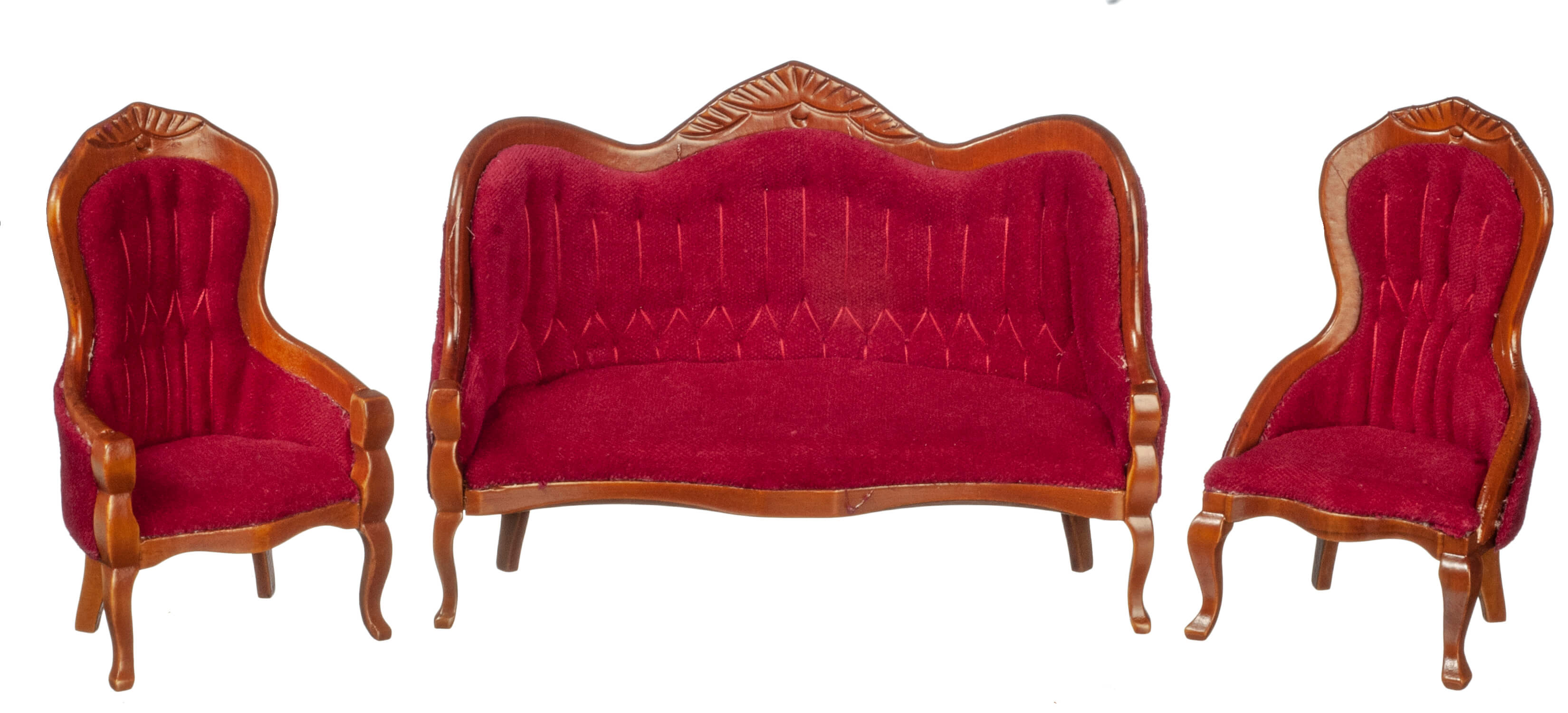 Victorian Living Room Set - Red & Walnut - 3pc