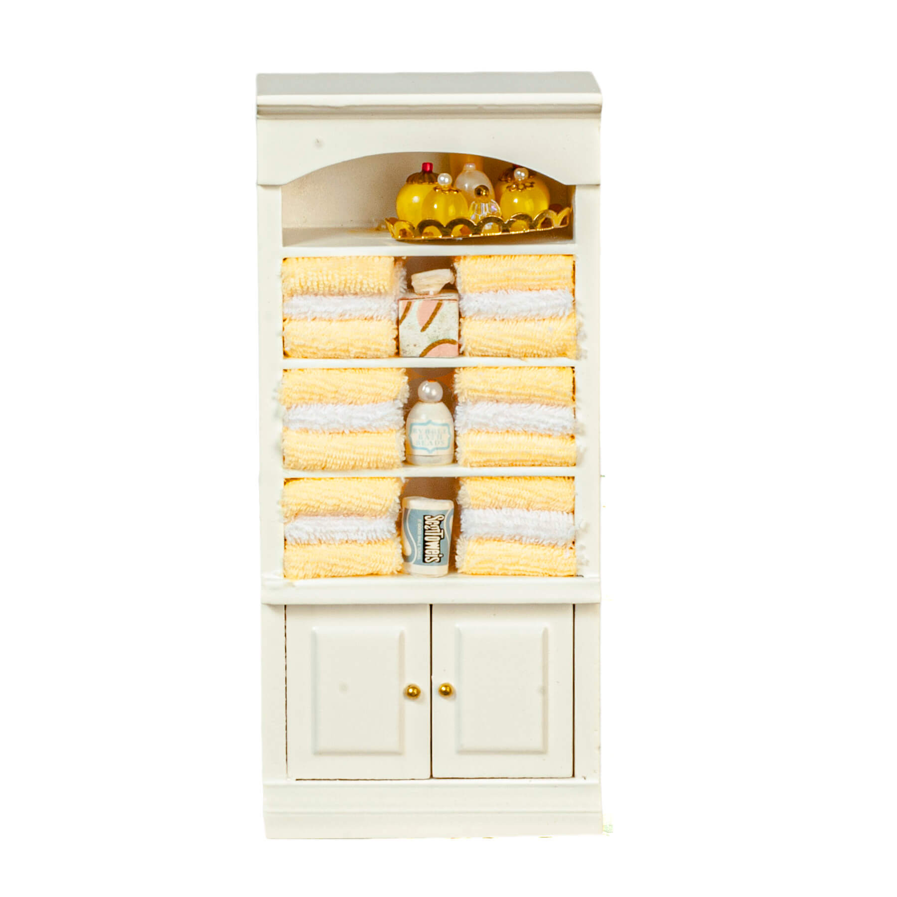 YELLOW AND WHITE DOLL HOUSE MINIATURES BATHROOM LINEN CABINET 