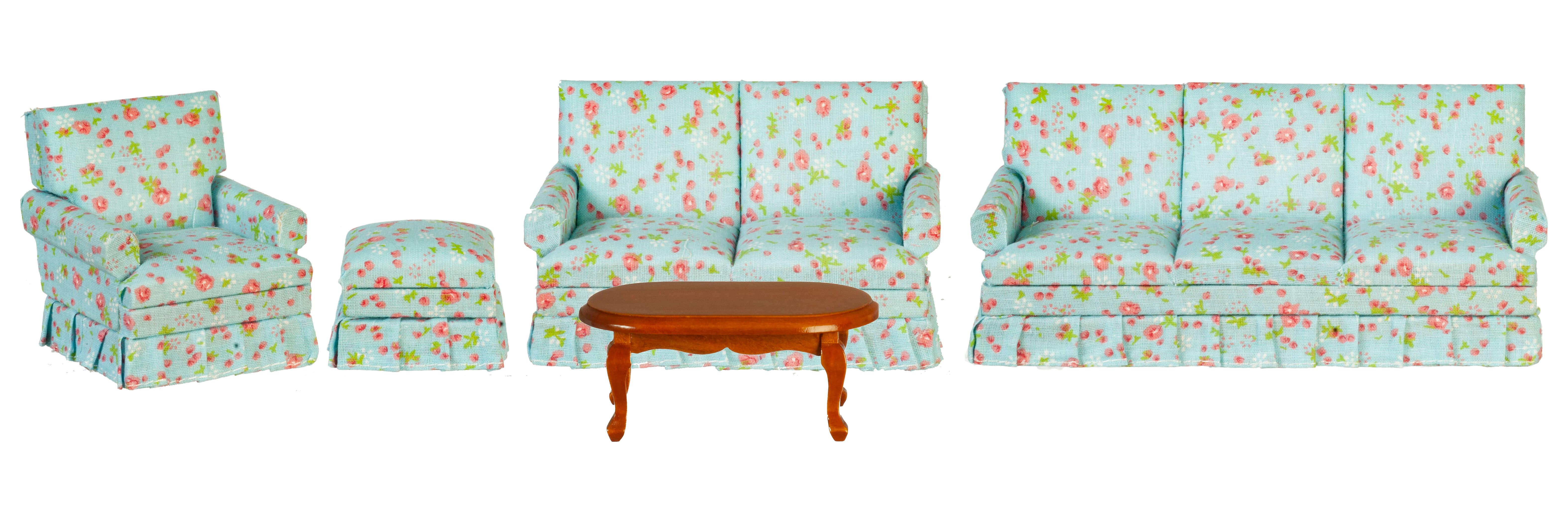 Living Room Furniture Set 5pc - Blue Floral - Walnut