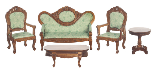 (image for) Victorian Fauteuil Living Room Set - Light Green - Walnut 5pc