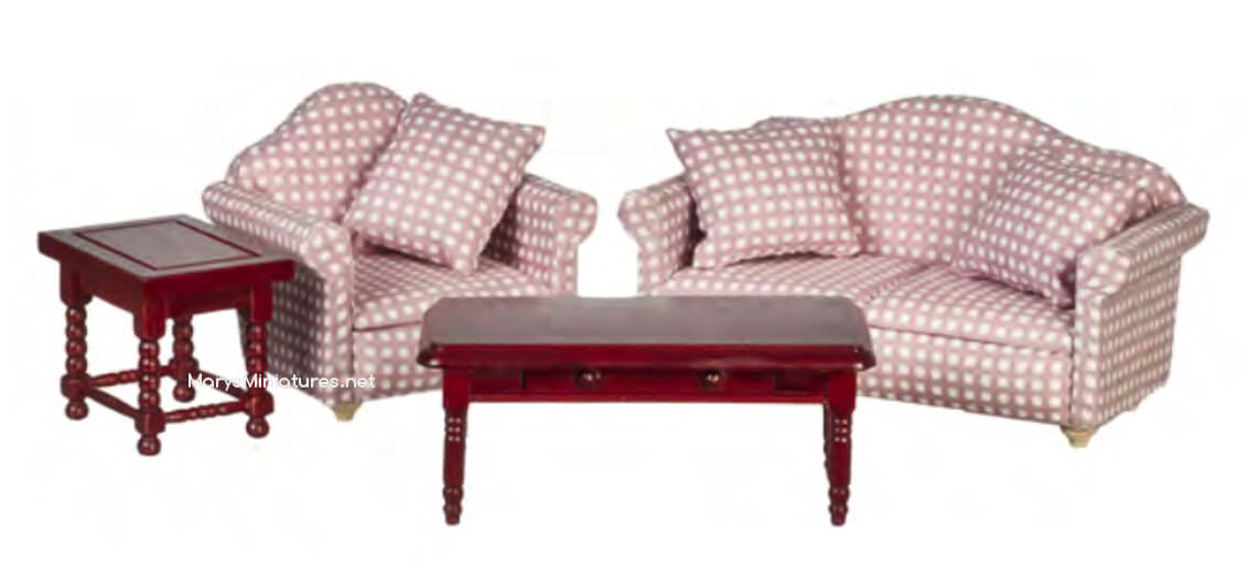 Living Room Furniture Set 4pc - Pink Check & Mahogany
