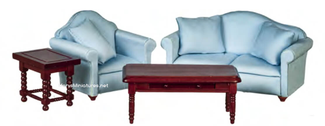 Living Room Furniture Set 4pc - Light Blue & Mahogany