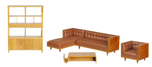Contemporary Living Room Furniture Set - 5pc - Leather - Walnut