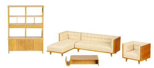 Contemporary Living Room Furniture Set - 5pc - Fabric - Walnut