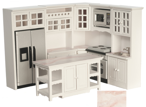 Kitchen Set w/ Silver Appliances - 8pc - White & Faux Marble