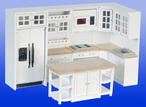 Kitchen Set w/ White Appliances - 8pc - White & Faux Marble