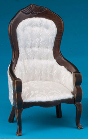 Victorian Gent's Chair w/ White Brocade Fabric - Walnut