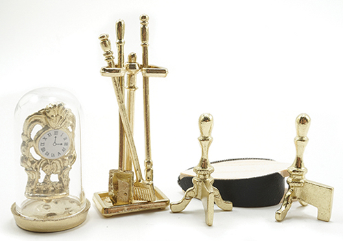 Brass Fireplace Accessories w/ Clock 8pc