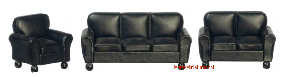 Black Leather Living Room Furniture Set 3pc
