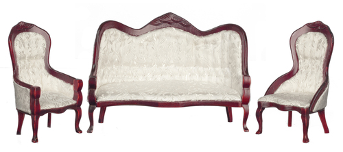 (image for) White Brocade Victorian Living Room Set - Mahogany - 3pc