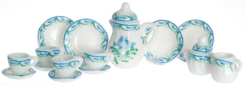 17pc Green & Blue Floral Tea Set