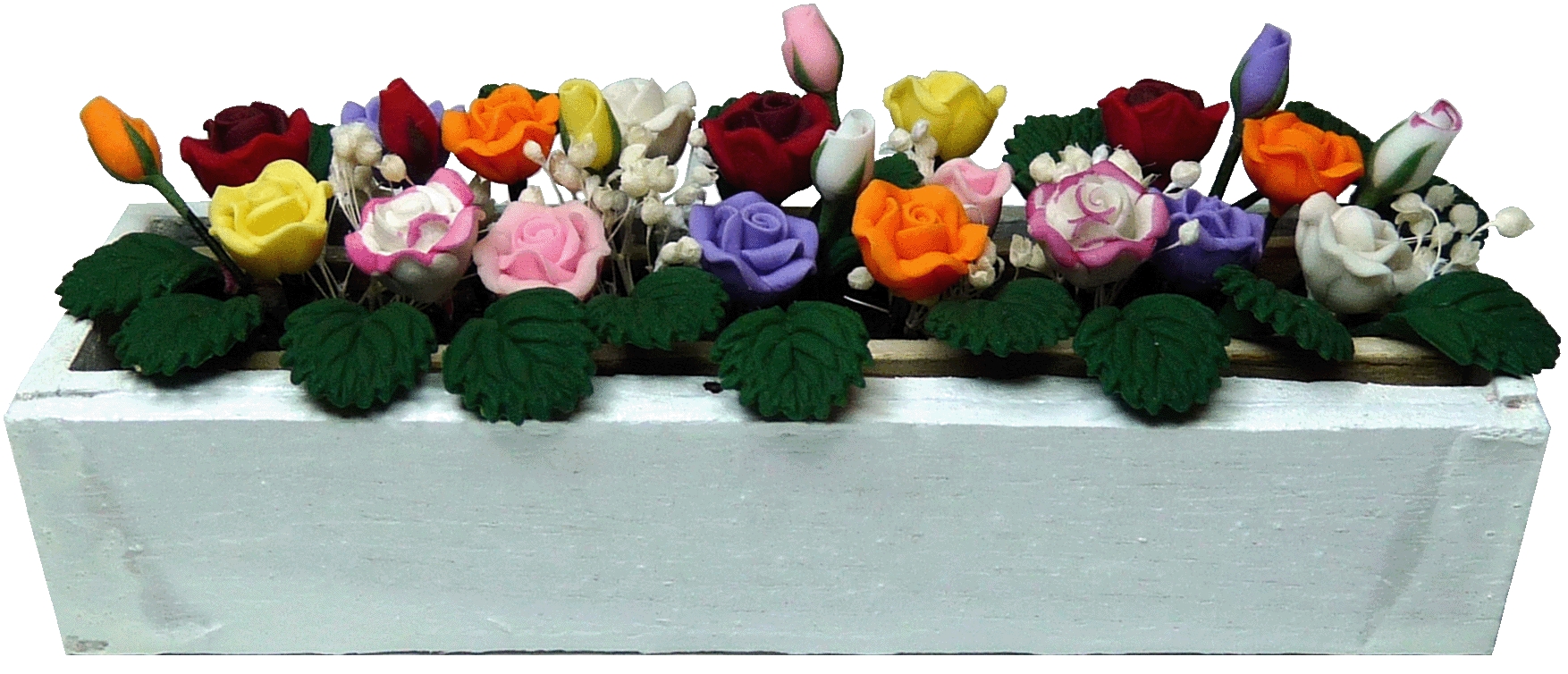 Assorted Roses in White Window Box Mary's Dollhouse Miniatures