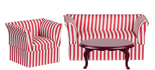 Red & White Striped Sofa & Chair Living Room Set - 3pc