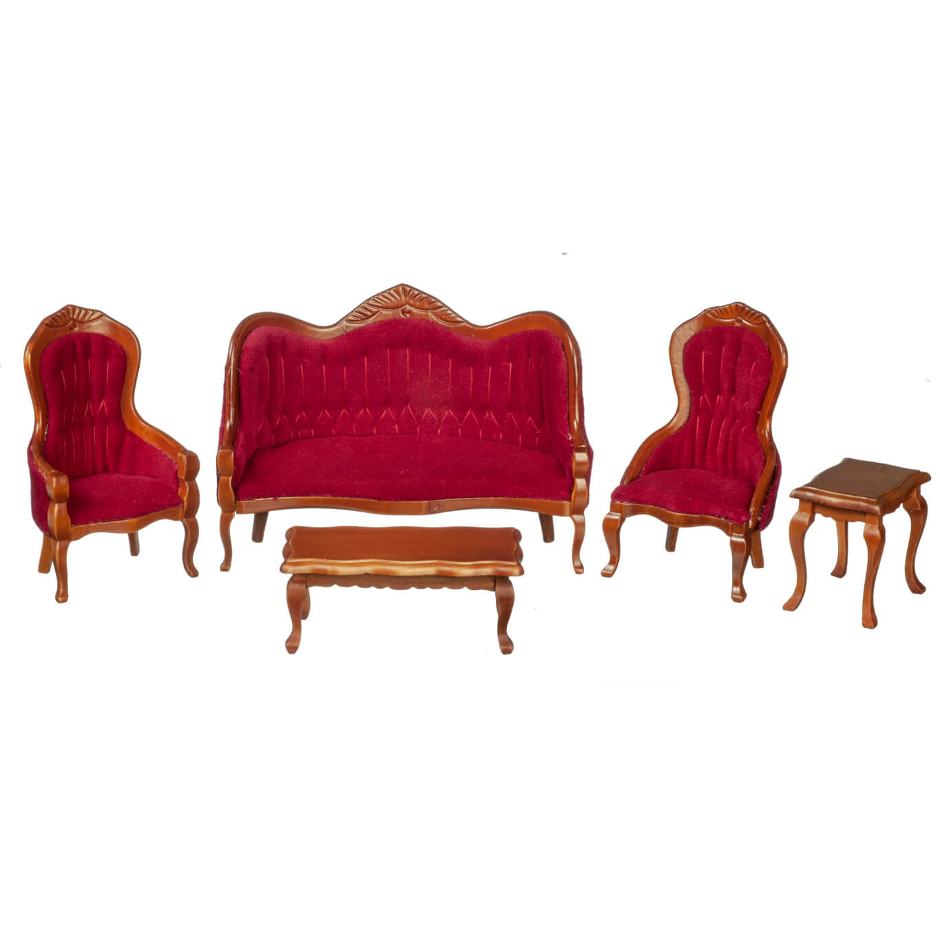 Victorian Living Room Set - Red & Walnut - 5pc