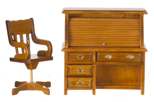 Walnut Rolltop Desk & Chair Set