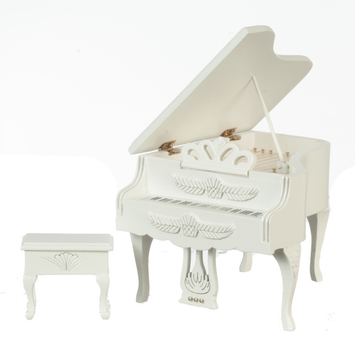 Carved Piano w/ Bench - White