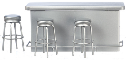 1950s Serving Counter & 3 Stools - Silver