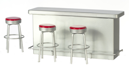 1950s Serving Counter & 3 Stools - Red