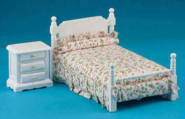 White Bed w/ Linens & Nightstand - White