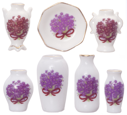 7pc Vases & One Plate Mauve Flowers