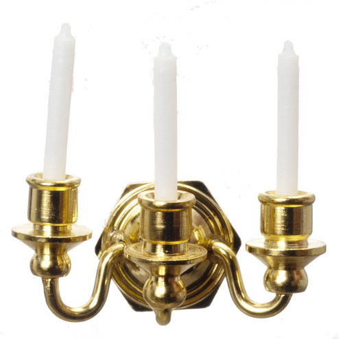 Dollhouse Miniature Brass Triple Arm Wall Sconce with Candles JOS8610 