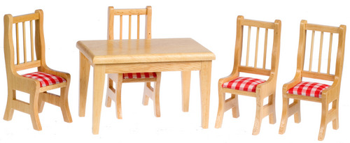 Oak Kitchen Table & Chairs - Red Gingham Fabric