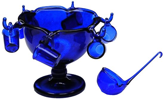 Blue Punch Bowl Set w/ Ladle & 6 Glasses