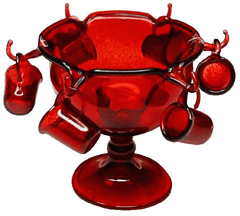 Red Glass Punch Bowl Set w/ Ladle & 6 Glasses
