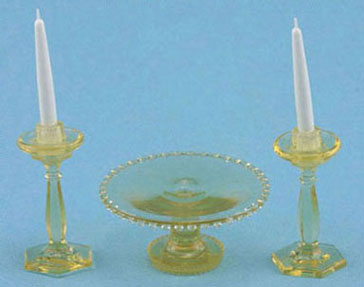 Amber Cake Plate & Two Candle Holders