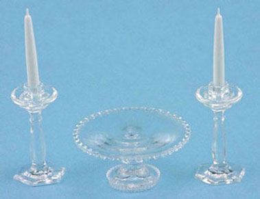 Clear Cake Plate & Two Candle Holders