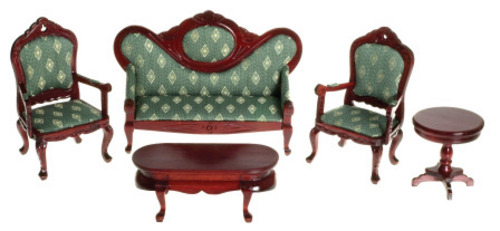 (image for) Mahogany Victorian Living Room Set - Green Fabric - 5pc