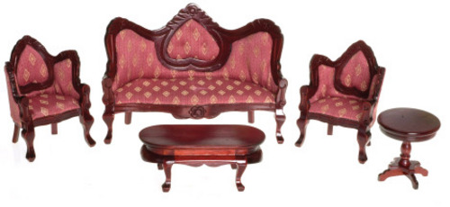 Mahogany Victorian Living Room Set - Rose Fabric - 5pc