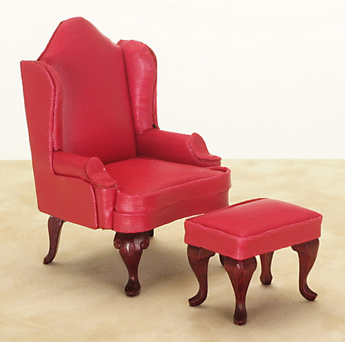 Red Leather Wing Back Chair w/ Ottoman