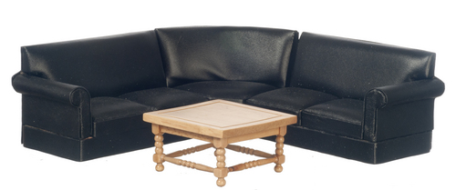 Corner Sofa Set w/ Walnut Coffee Table - Black - 4pc