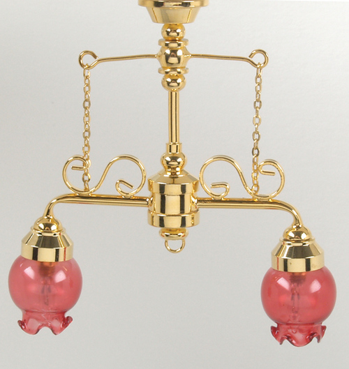 2 Down Arm Chandelier w/ Pink Glass Shades 12v