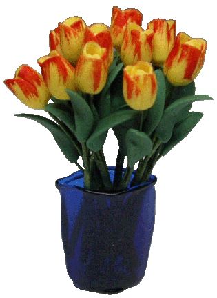 12 Yellow Tulips in Blue Crimped Vase