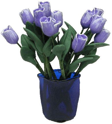 12 Purple Tulips in Blue Crimped Vase