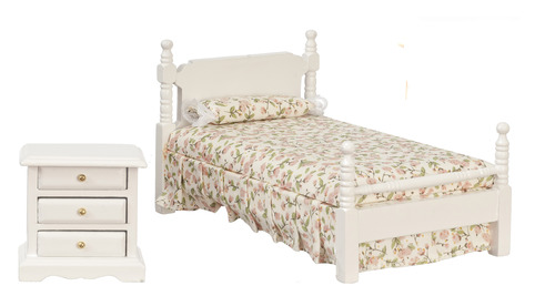 Twin Bed w/ Linens & Nightstand - White