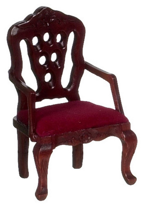 Carved Back Armchair Red Upholstery - Mahogany