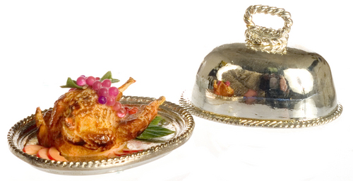 Fruit Garnished Chicken on Metal Serving Tray w/ Lid