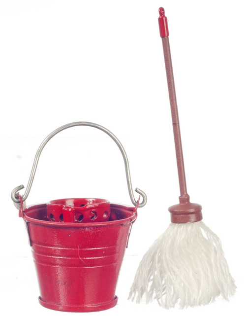 Red Metal Mop Bucket w/ Handle & Mop Mary's Dollhouse Miniature